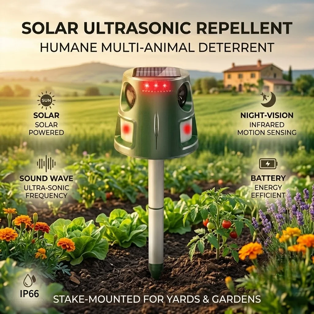 Ultraschall-Tiervertreiber mit Solarbetrieb und Automatischer Frequenzanpassung 13-65,5 KHz Stroboskop-Lichtalarm für Gartensicherheit