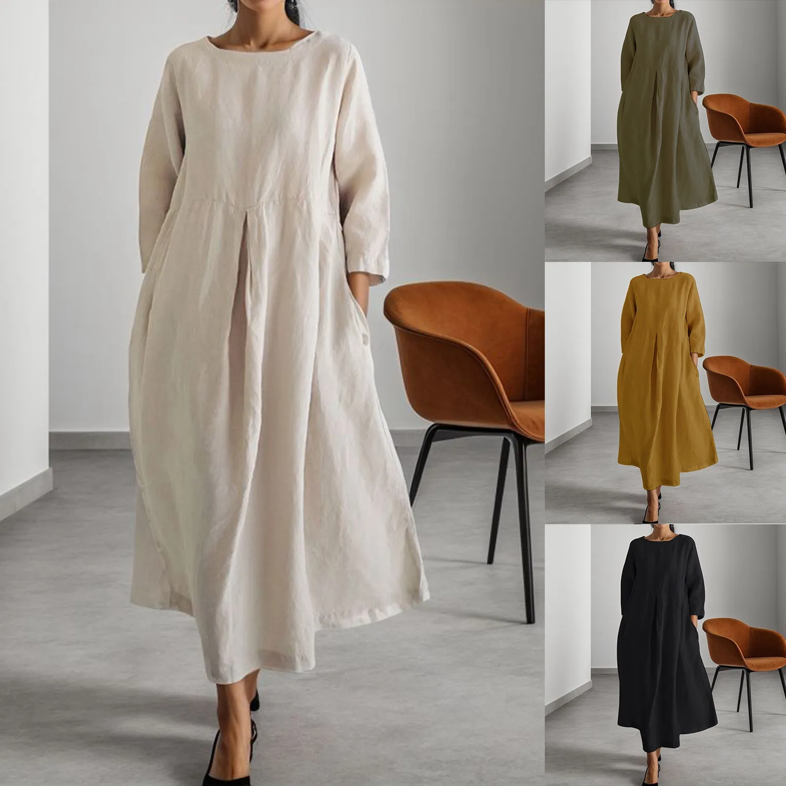 

Women's Solid Colour Cotton Linen Dress Round Neck Pullover Knee Length Skirt Elegant Long Sleeve Loose Casual Dress With Pocket