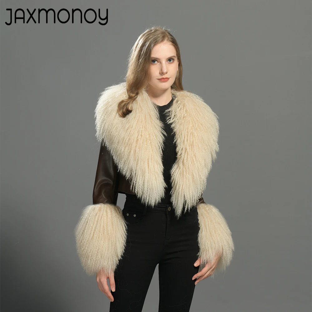 Jaxmonoy Women's Leather Jacket with Real Mongolian Fur 2024 New Fall Winter Ladies Sheepskin Short Jackets Fashion Cropped Coat