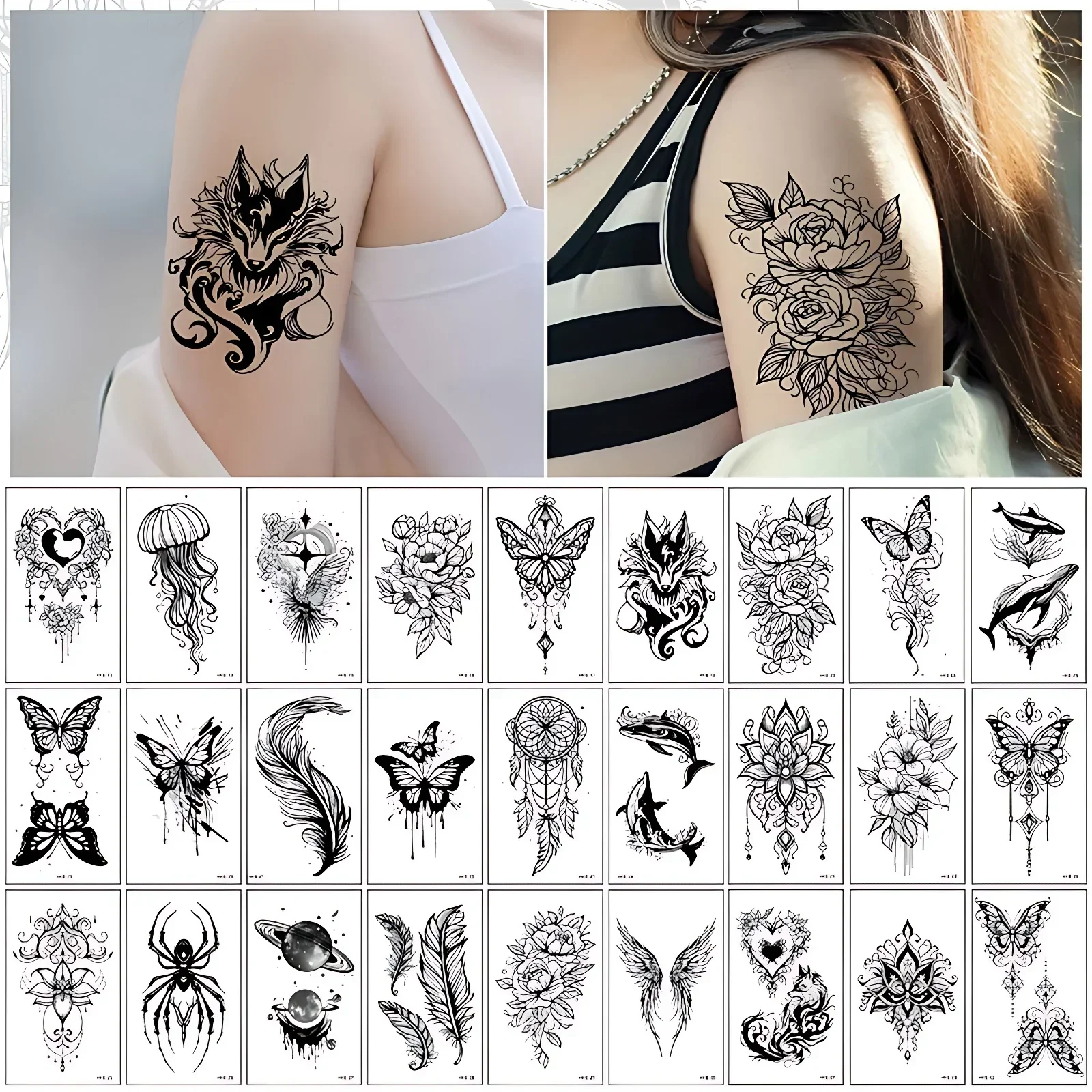 30pcs/lot Temporary Tattoos Stickers Spider Butterfly Jellyfish Peony Simple Black Theme Fake Tattoss for Women Hand Wrist Body