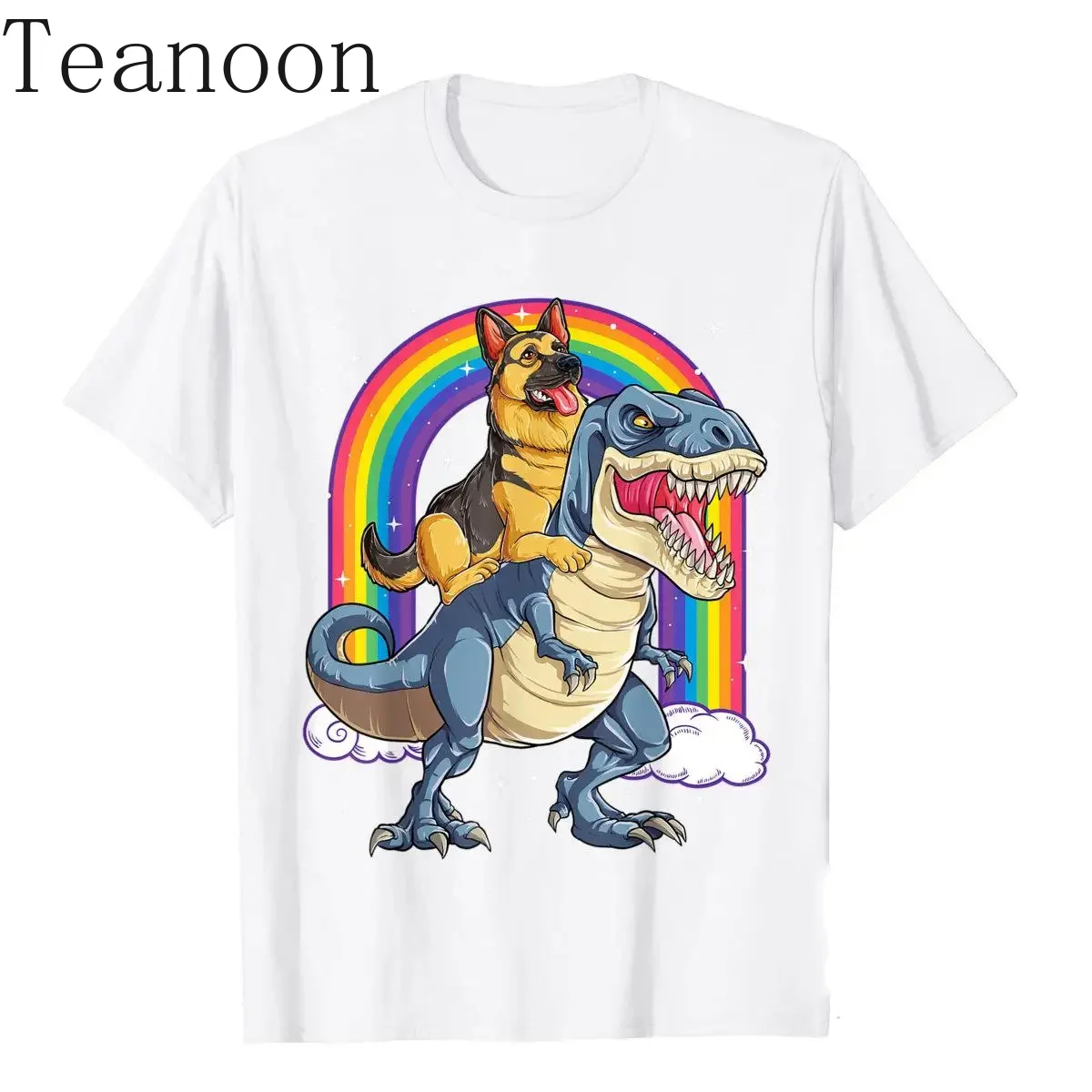 Teanoon German Shepherd Riding Dinosaur T Rex Tshirt for Men Rainbow T-Shirt Cotton Design Tops T Shirt Faddish Mens T Shirts