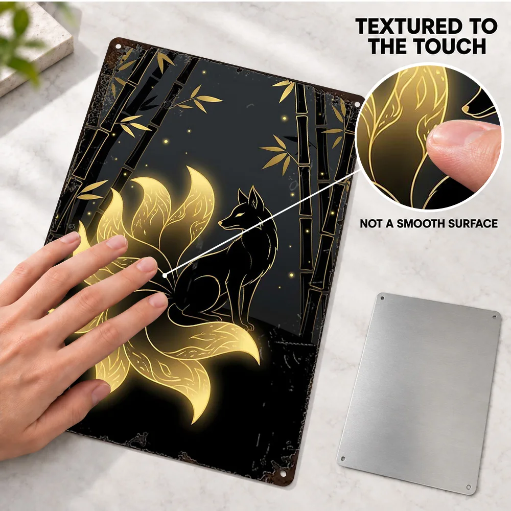 Glowing Nine-Tailed Fox In Bamboo Forest Textured Metal Poster Customized Aluminum Sign Vector Illustration Wall Art For Library