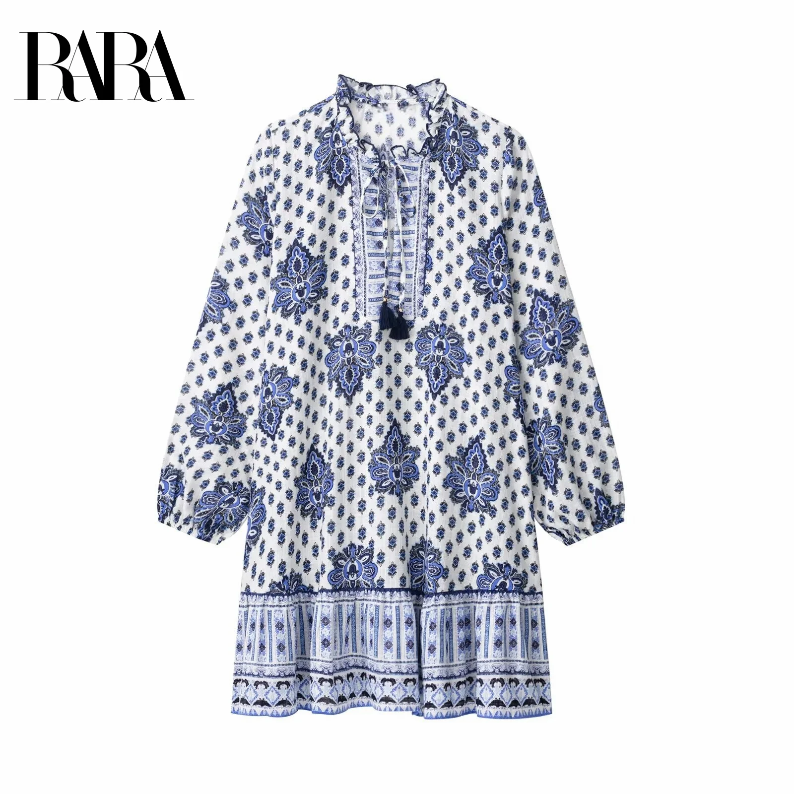 

RARA2025 Summer New Women's Casual Fashion Simple Printed Lace-up Long-sleeved V-neck Temperament Casual Mini Dress