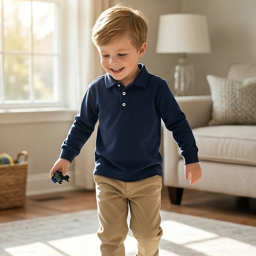 New Spring 2-6Y Childrens Clothes Classic Solid-color Polo Shirt Half-placket Button Pique Cotton Long Sleeve Boys Shirt