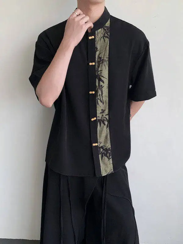 

Tangz Studio Chinese Design Bamboo Leaf Patchwork Button up Short Sleeve Shirt Youth Trend Polyester Fiber Summer Casual Wear