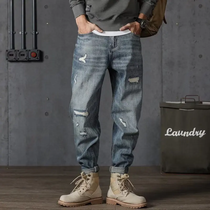 

Синие хлопковые джинсы-харланы для мужчин, свободные прямые брюки в стиле рабочей одежды, с эффектом потертости, осенняя модная молодежная одежда