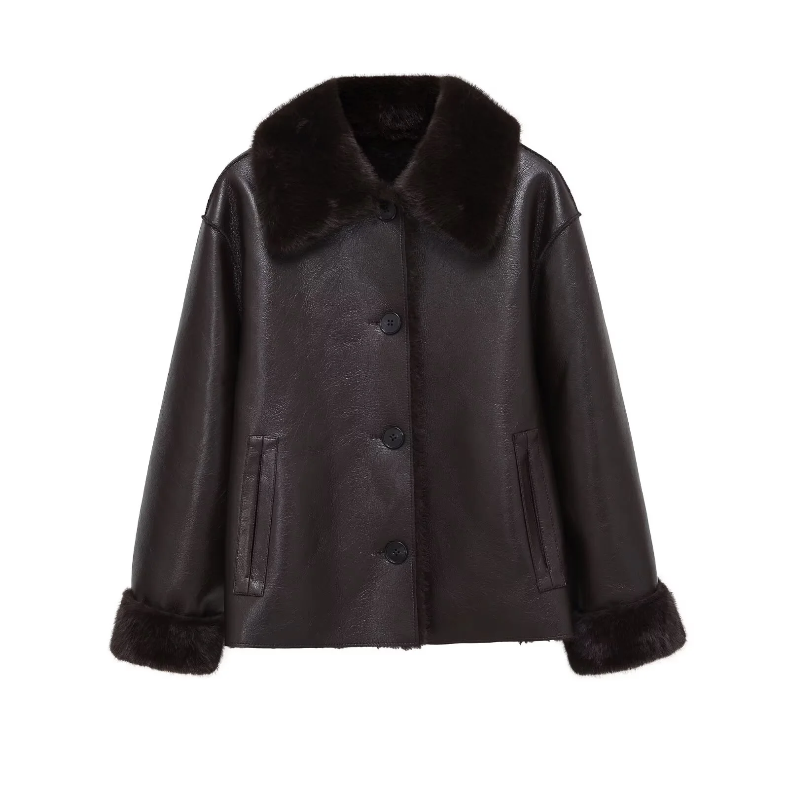 وصل حديثًا لشتاء 2025 سترة نسائية عصرية راقية فضفاضة من الجلد الصناعي مع تصميم شيرلينغ ذو وجهين #1