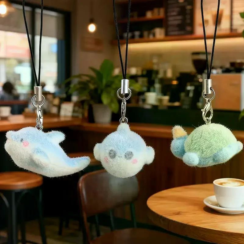 1個入り レジン製 可愛い 3Dイルカ フロッキングドール ペンダント スマホチェーン ふわふわサメ カメ 動物キーホルダー バッグ 車のキーリング ギフト