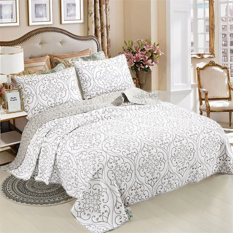 CHAUSUB Cotton Quilt Set 3PCS Bedspread on the Bed King Queen Size Embroidered Summer Coverlet Vine Pattern Comforter for Bed