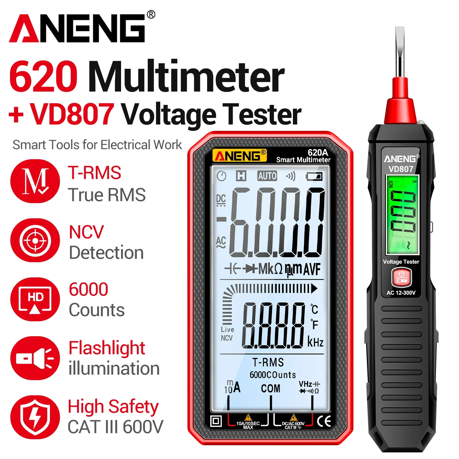aneng-620aデジタルマルチメーター-vd807測定ペンは、ac-dc電流および電圧のフルレンジ測定に使用され、電気技師のメンテナンスに適しています。