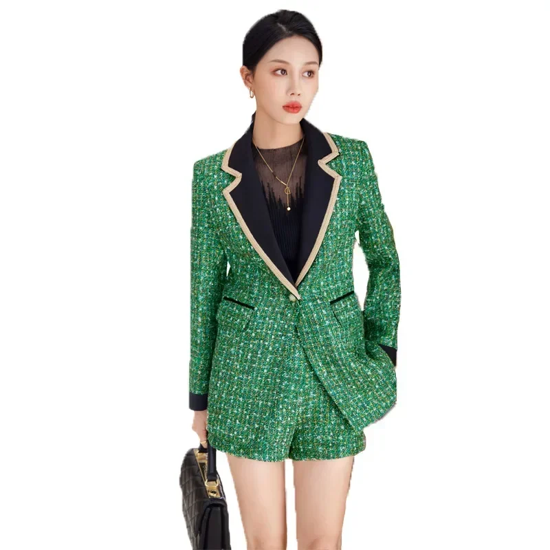 Blazer verde feminino Calças curtas, casaco formal, calças, vestido de formatura, senhora do escritório, negócios, moda de trabalho, elegante, inverno, outono