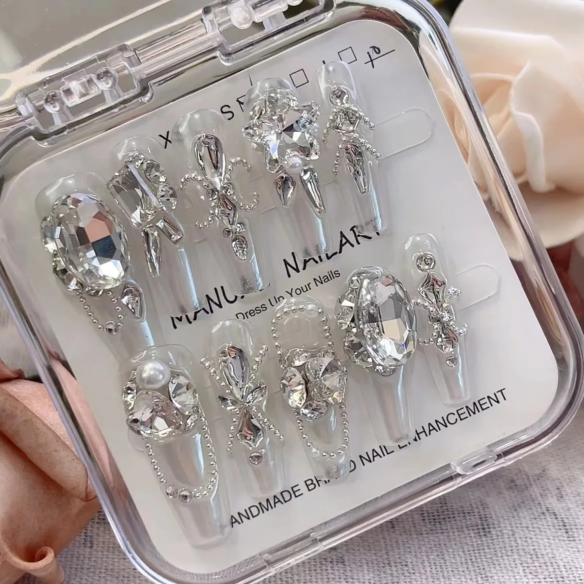 Luxurious Clear Press On Nails with Large Rhinestones and Pearl Decorations Handmade Reusable Nail Tips for Weddings and Ballet