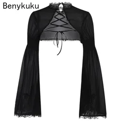 Flare Sleeve Gothic Cropped Tops Grunge Chiffon Female Black Emo Alternative Party Cover Up Goth Punk Lace Up Mall Bolero Shrug