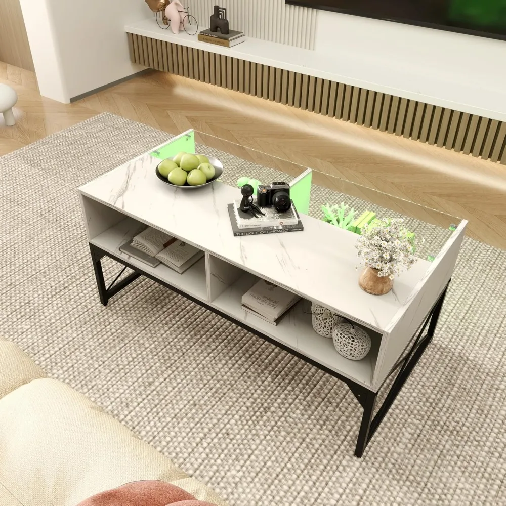 LED Coffee Table with Storage Cubes, High Gloss Faux Marble & Tempered Glass Top, Adjustable Lighting, Modern Living Room Furnit