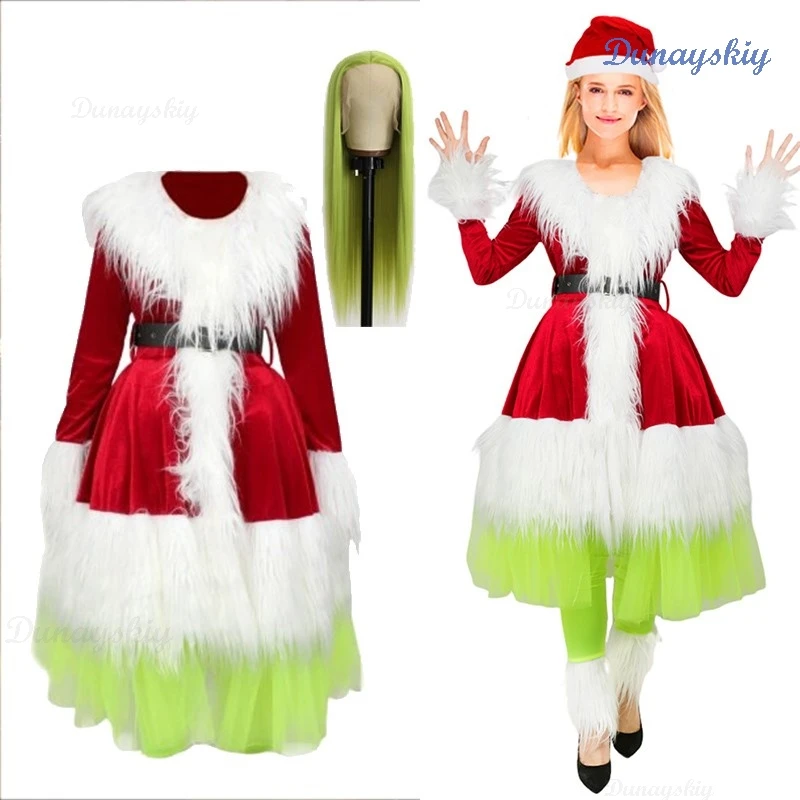 2025 Ins Style Santa Claus Christmas Dress Women Cosplay Costumes Green Fur Monster Party Performance Costumes Cape Wig Devil