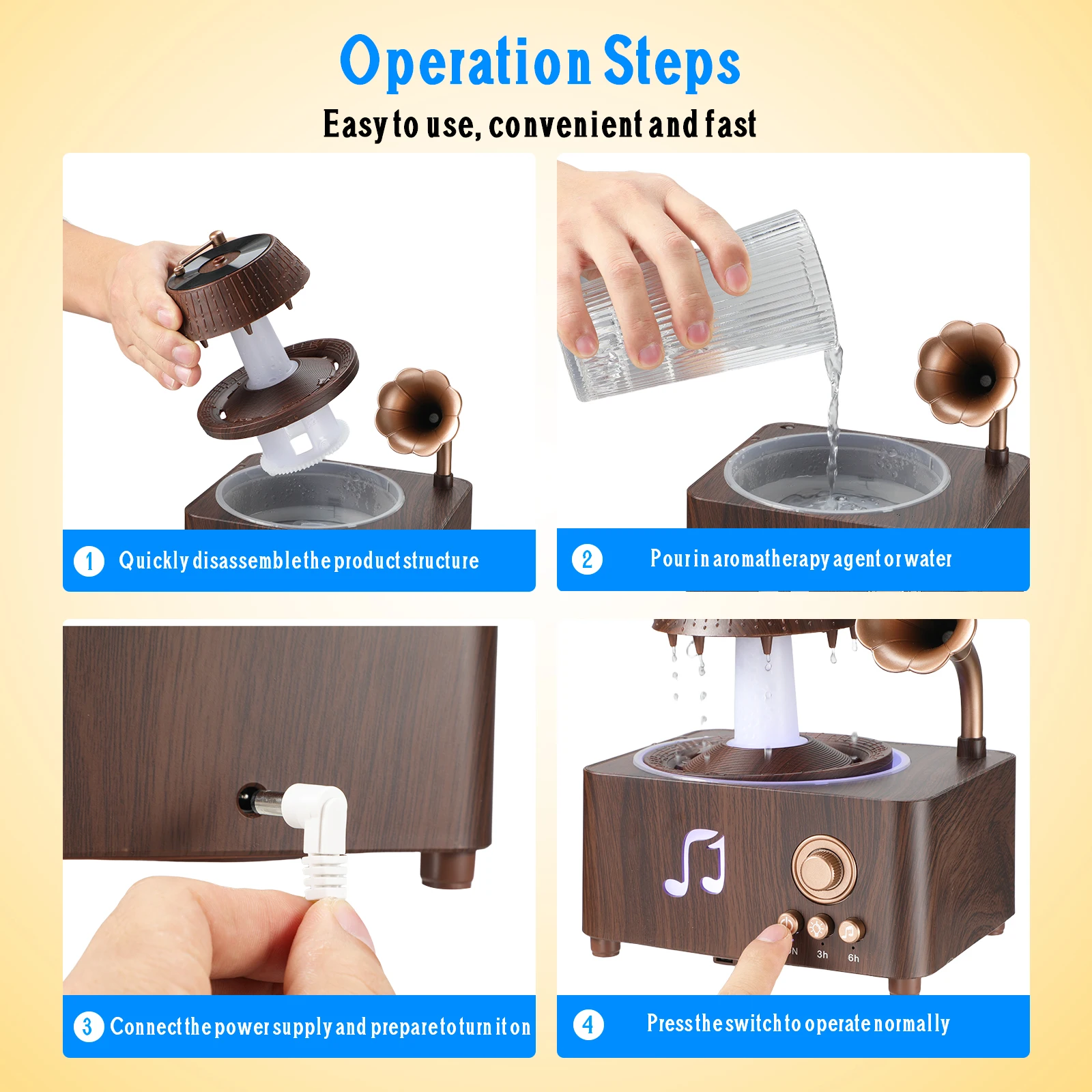 

Vintage Essential Oil Diffuser: Cool Mist Raindrop Humidifier for Bedroom - Record Player Shape Quiet Humidifier for Nursery Family Office, US Plug