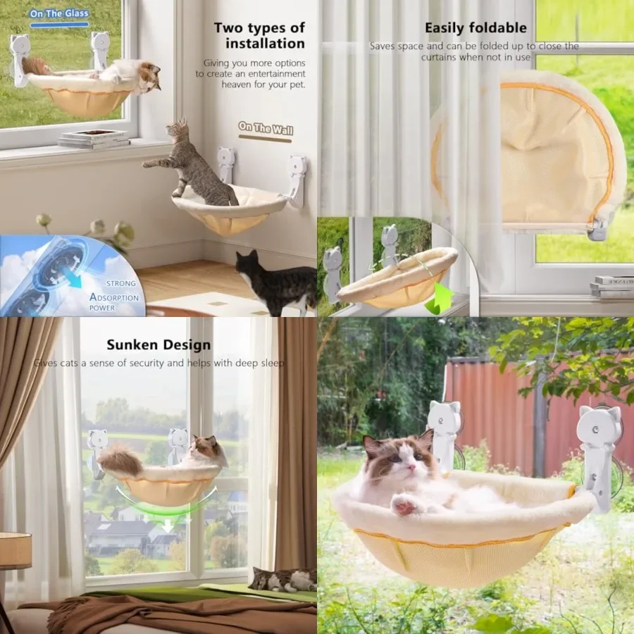 

Cat Window Perch Cordless, Foldable and Stable Cat Beds- Breathable Cat Window Hammock for Overlooking, Sunbathing and Climbing