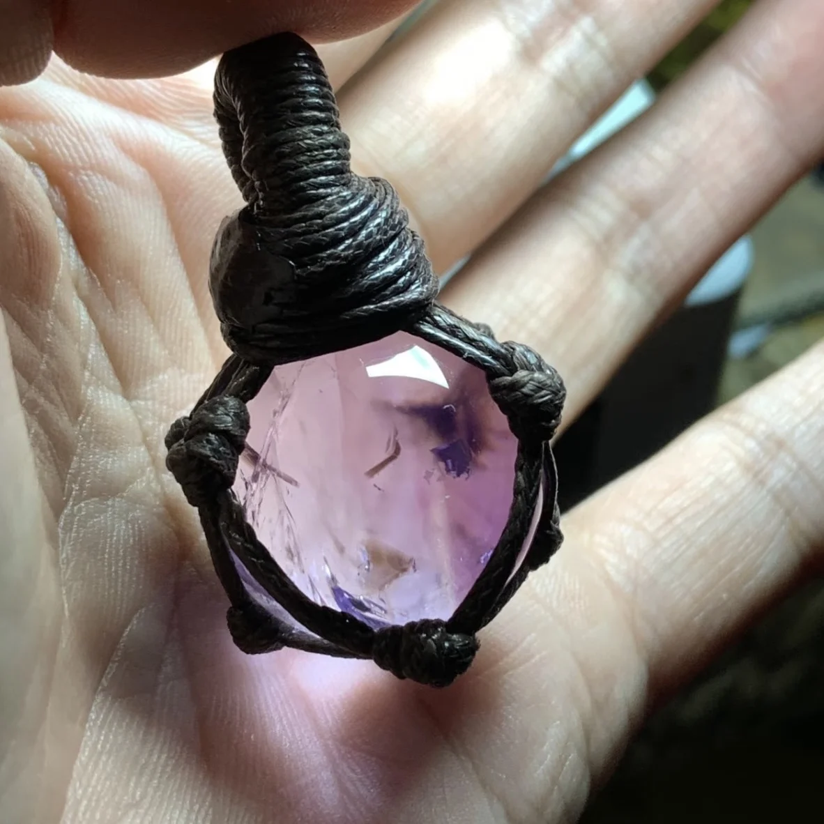 Natural Amethyst Sphere Pendant Macrame Net Wrapped Adjustable Cord Necklace Unisex Healing Crystal Ball Jewelry