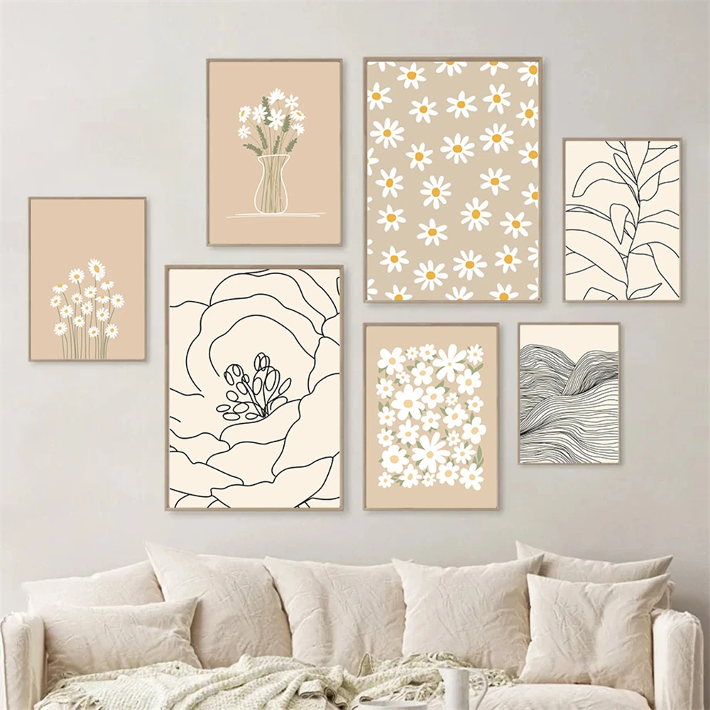 2026 Abstract Minimalist Line Flower Daisy Wall Art Posters And Prints Vintage Canvas Painting Nordic Wall Pictures Living Room 