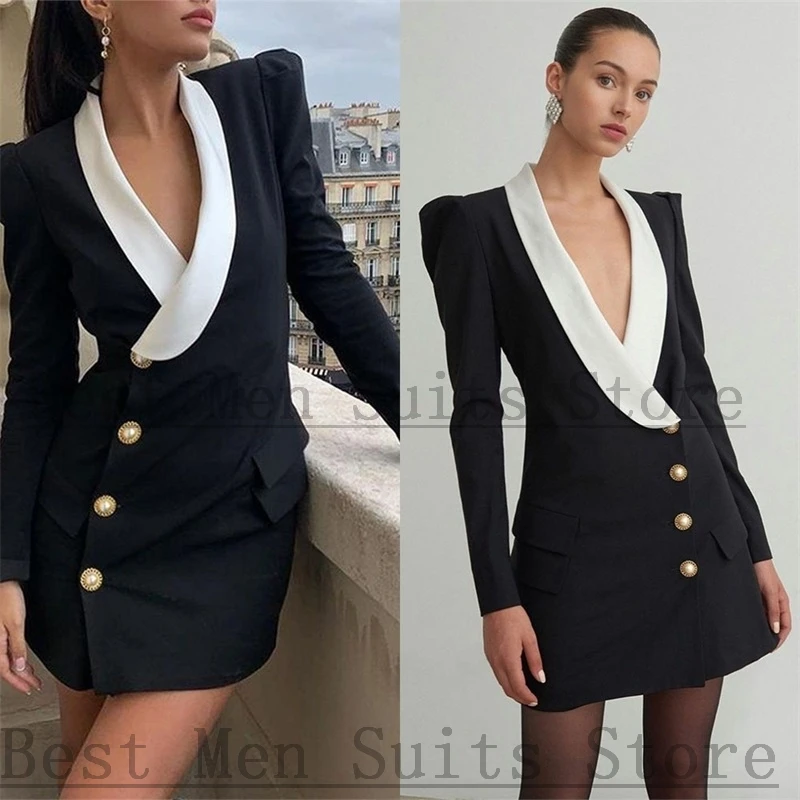 Designer Black Prom Dress Women Suits Set 1 Pcs Blazer White Lapel Party Jacket Fashion Pearl Button Женский костюм Custom Made