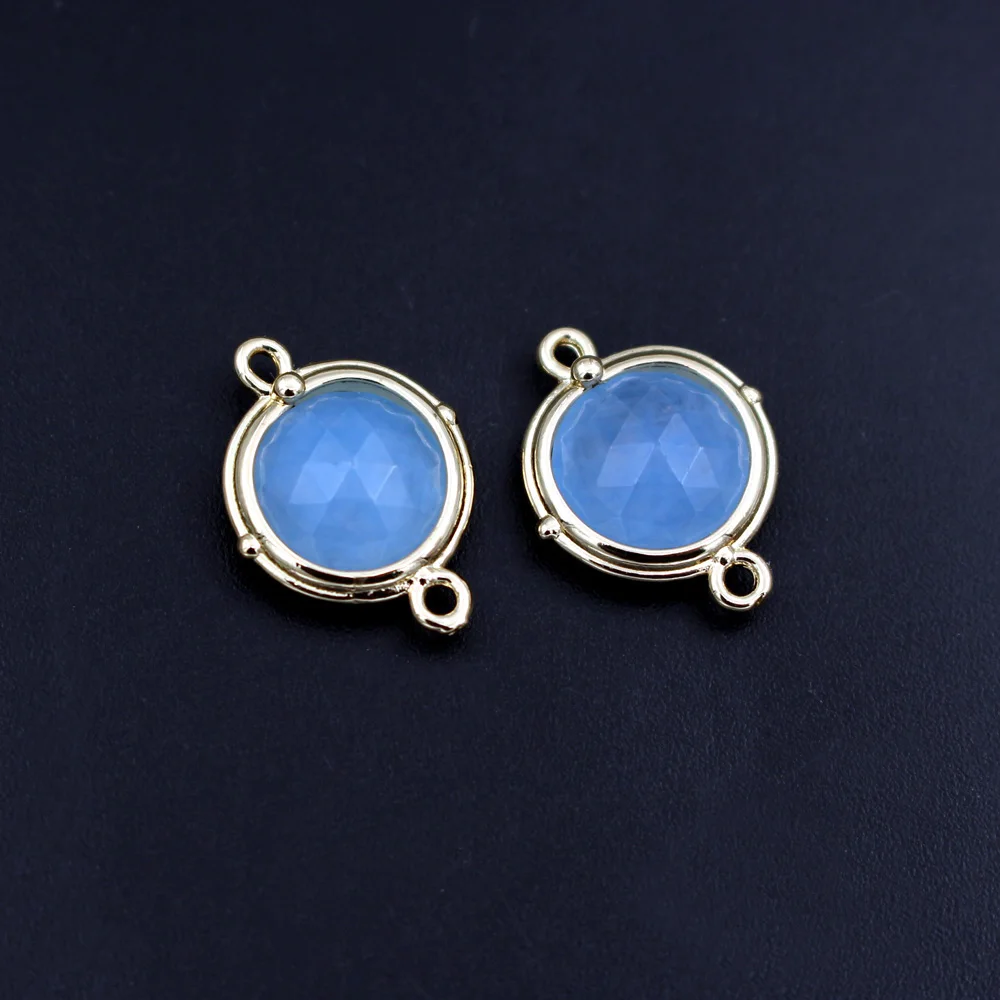 

10pcs Blue Semi-precious Stone Circle Pendant Hot Pink Jade Stone 2 Loops Connector Charms Jewelry Accessories Findings DIY