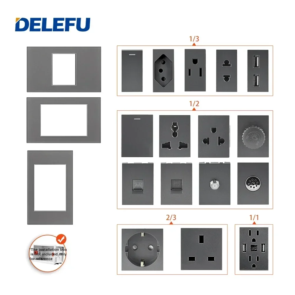 DELEFU Brazilian Standard Free Combination Function USB Type C Key DIY Switch Socket 118mm*72mm Grey Glass Panel