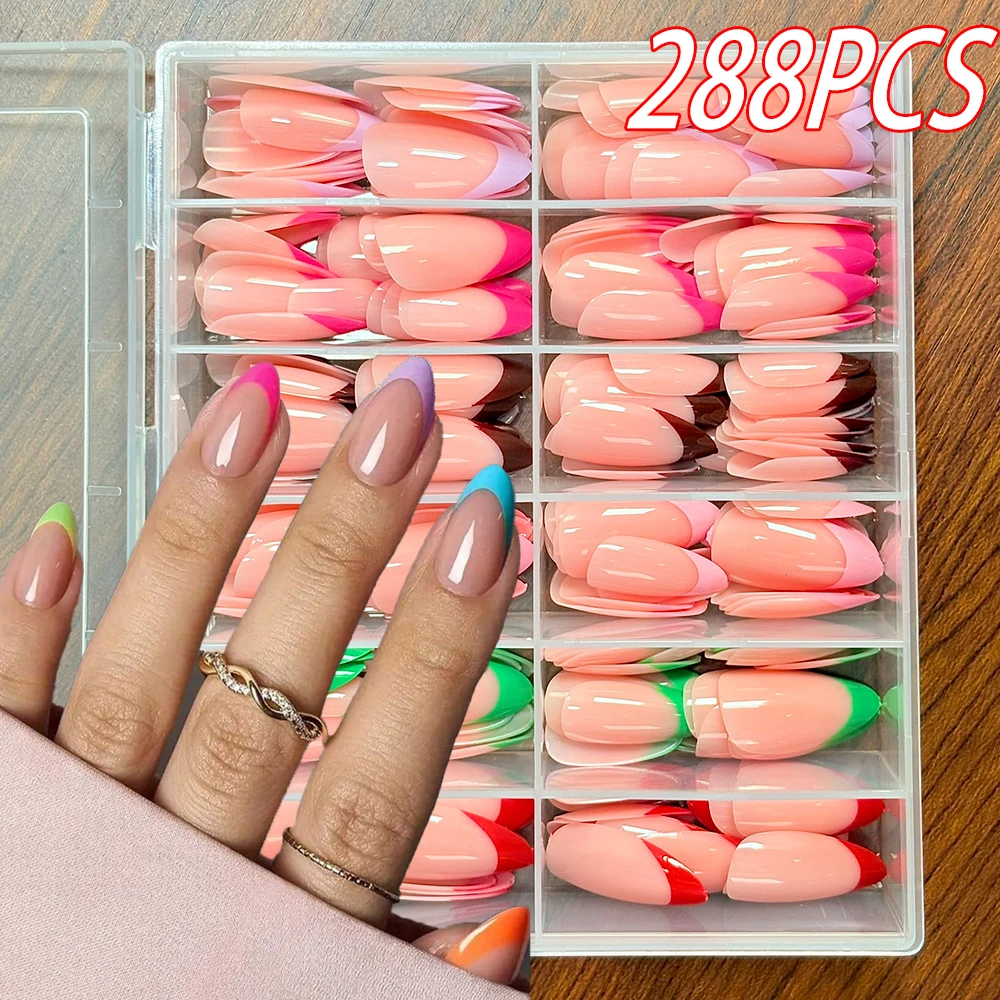 

288Pcs Medium-Length Almond Press-On Nails Colorful French Tips Glossy Nude Pink Fake Nail Full Cover Wearable Pre-Made Nail Tip