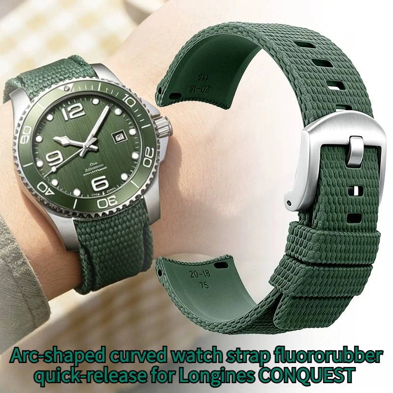 Correa de reloj de caucho fluorado curvada en forma de arco de liberación rápida para relojes originales Longines CONQUEST CHRONOGRAPH HYDROCONQUEST GMT L3 para hombre