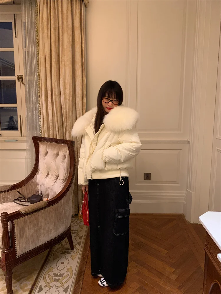Dames Thiened Ort Down Jaet 2024 Nieuwe Sle Witte Grote Bontkraag Brood Sle Jas Koreaanse Versie Nylon Du Do...