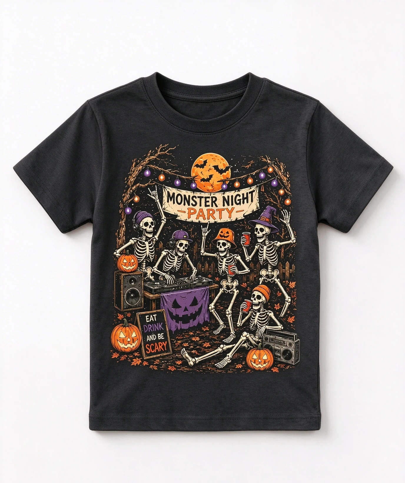 Halloween Kids Graphic Tee Skeleton Monster Night Party Print Boys Girls Casual Top