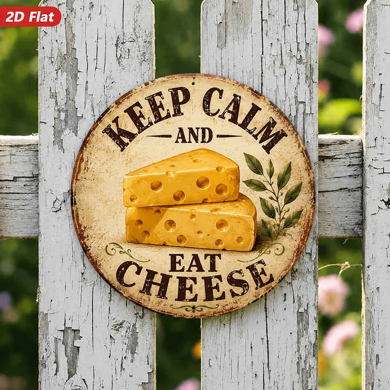 2D Flat, 1pc Cheese Humor Round Metal Sign Wall Art, Keep Calm And Eat Cheese, Swiss Cheese Wedges, Home Decor, Stacked Cheese B
