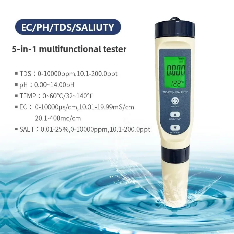 5-In-1 Water Quality Test Pen Tds/ec/ph/salinity, Conductivity Water Quality Test, Salinity Meter, Wholesale Is More Favorable