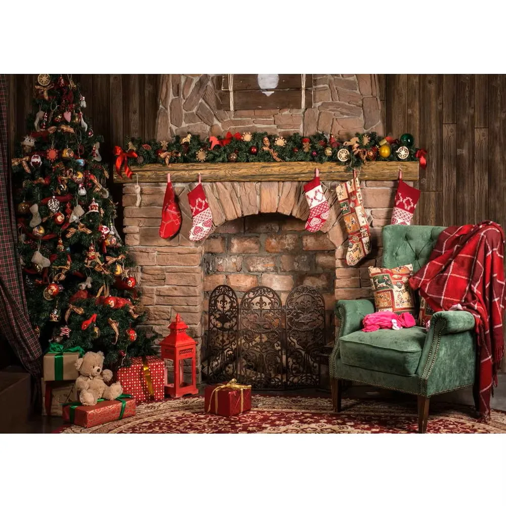 

Christmas Fireplace Photography Backdrops Printed Xmas Tree Toy Bear Gift Boxes Home New Year Party Photo Shoot Background