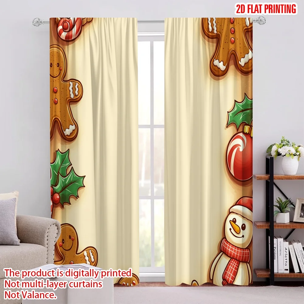2pcs,2D plane printing Curtains Christmas Cookies Border Festive Treats (4) Versatile Fabric (without rod) Art Deco Festive