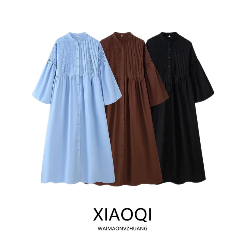 Automne 2025 T-shirt Faionable pour femme couleur ronde Ne boutonnée bulle Sve Dstring décoré Dr polyvalent pour les déplacements C...