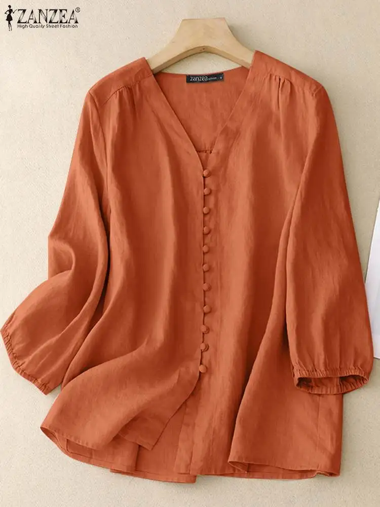 

Fashion Women Shirts ZANZEA Cotton Solid V-neck Autumn Tops Tunic Casual Loose 3/4 Puff Sleeve Blouses Vintage Buttons Chemises