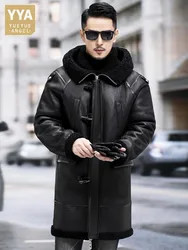 Luxury New Business Men Winter Work Shearling Overcoat Hooded Long Real Fur Coat Trench Warm Wool Lining Genuine Leather Jacket