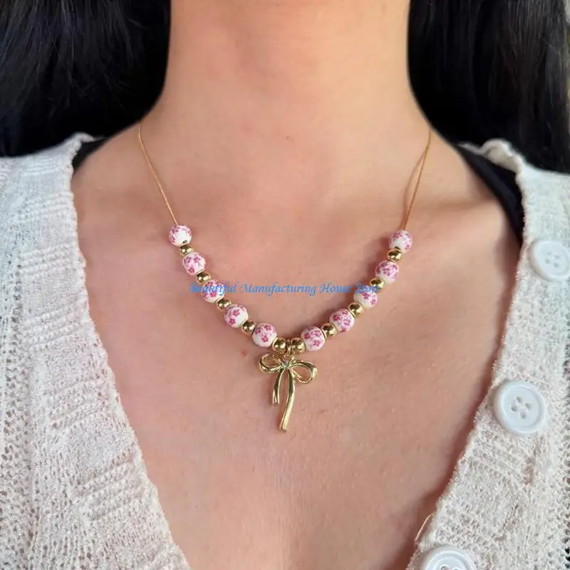 

E56A Шикарный керамический дизайн с бантом, ожерелье из бисера, комплект ювелирных изделий с сине-белым узором для повседневного