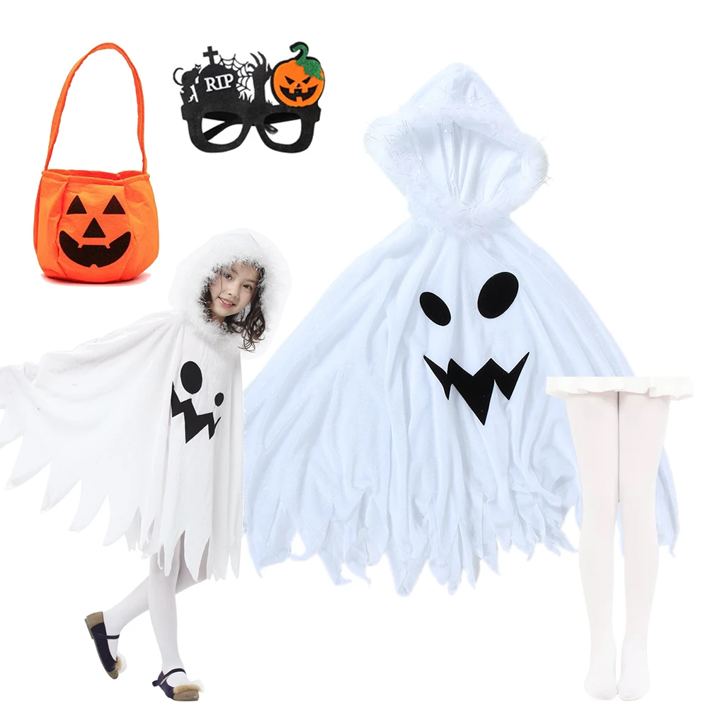 Weißer Geisterumhang für Kinder mit Kapuze, gruseligem Gesichtsdruck und gezacktem Saum für Halloween, Karneval, Cosplay und Themenpartys – Detail 2