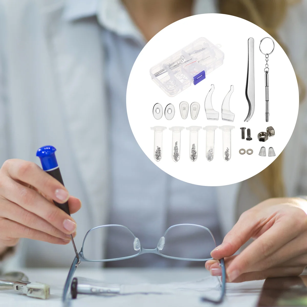 

1 Set Stainless Steel Glasses Repair Kit Includes Screwdriver Tweezers Screws Nuts Nose Pads Ear Hooks For Eyewear Sunglasses