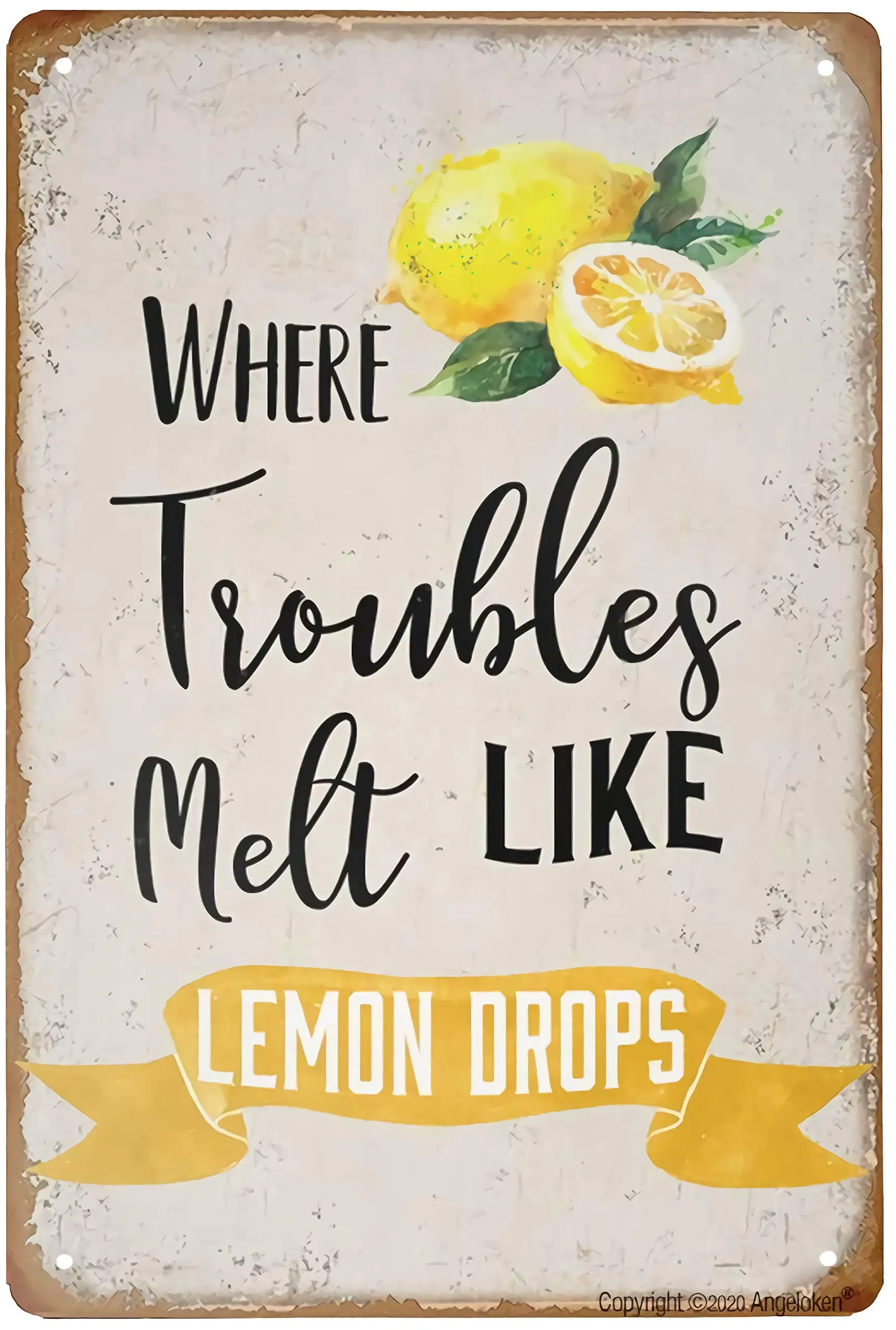 1PCS,MeowPrint Where Trouble Melt Like Lemon Drops Sign - for Home,Coffee Wall Decor Retro Metal Tin Sign Vintage