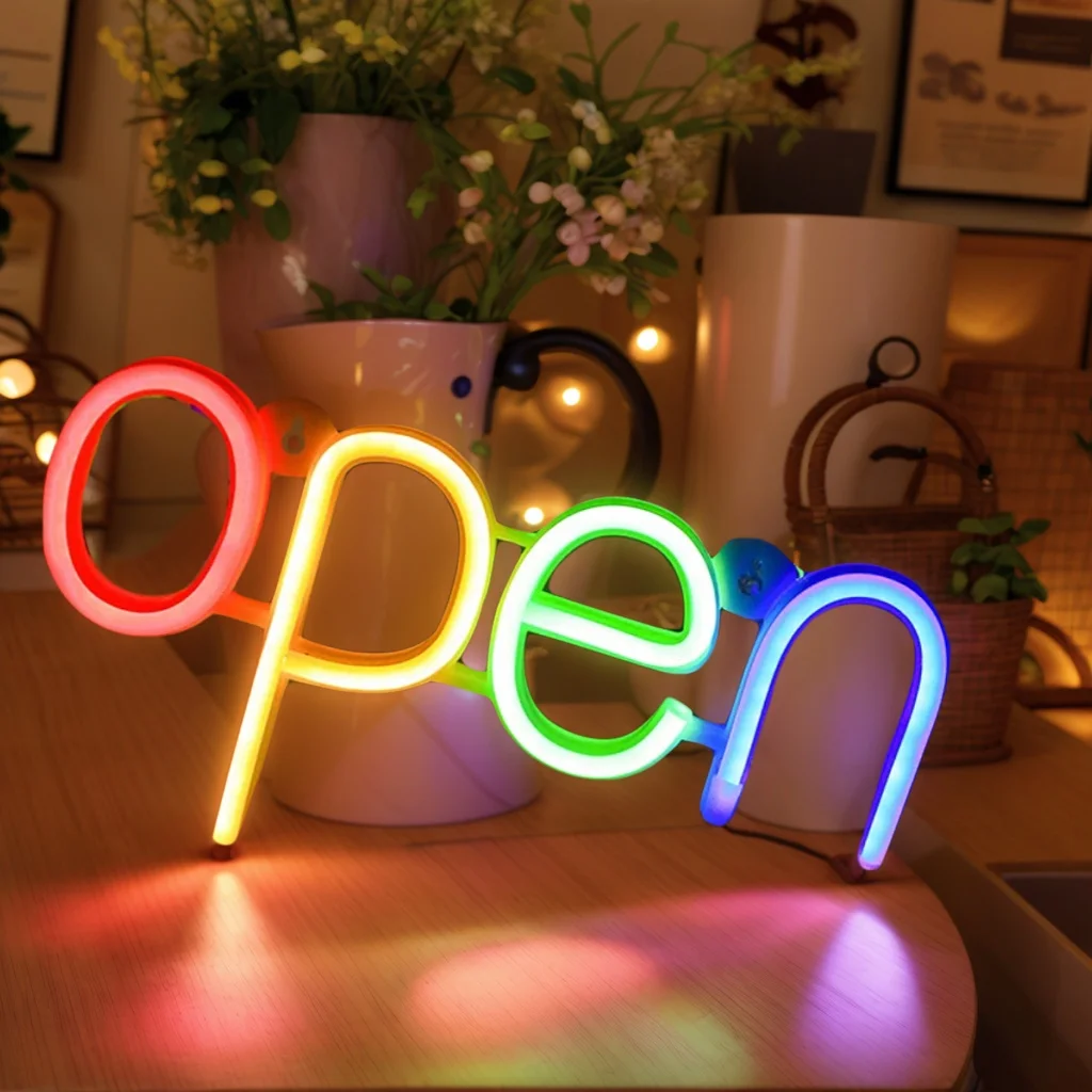 Luces de neón LED abiertas artísticas alimentadas por USB/batería para fiestas navideñas, bodas, bares, cafeterías, salas de juegos, iluminación comercial