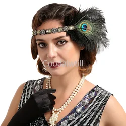 Peacock Feather Elastic Hair Band 1920s Flapper Gatsby Feather Headband 1920s Beaded Showgirl Headpiece Show Fascinator Hat
