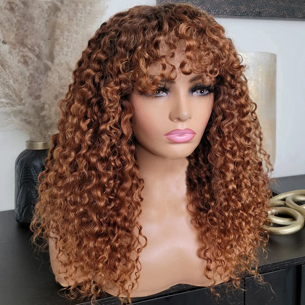 Natural Black 26 Inch Long Kinky Curly Honey Blonde Machine Wig With Bangs For Women High Temperature Cosplay Glueless Daily