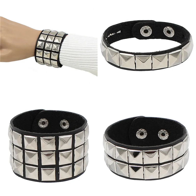 2023 New Gothic Punk PU Leather Bracelet 3 Row Cuspidal Spikes Rivet Chains Bracelet For Women Men' Friends Jewelry