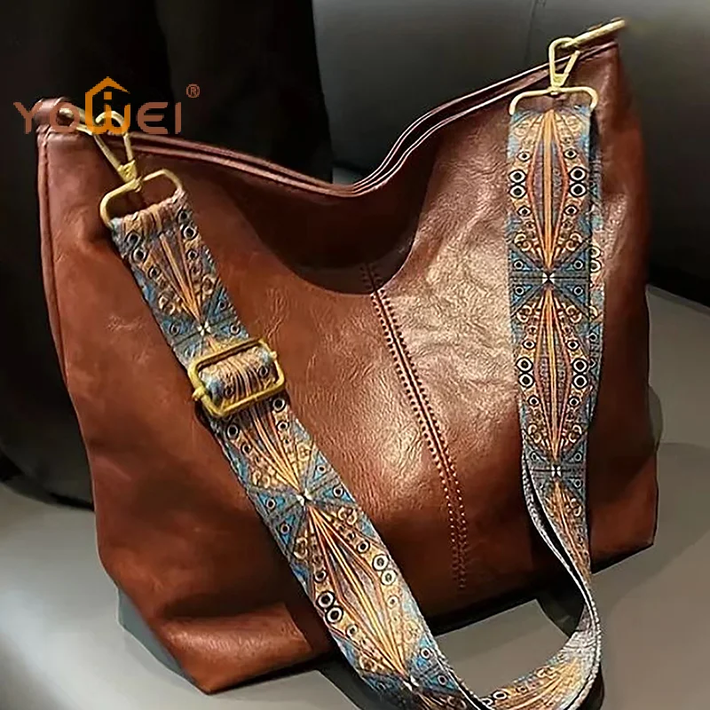 

Latest Vintage Solid Color Women Fashion Shoulder Sling Bag High-Capacity Simple Wide Strap Bucket Crossbody Bag