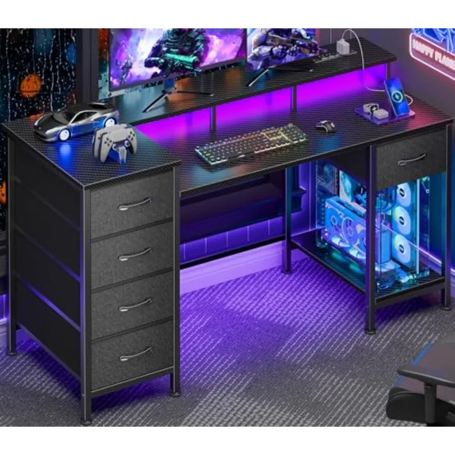 Computer Gaming Desk with Power Outlets and LED Lights Reversible Home Office Desk with Adjustable 5 Fabric Storage Drawers for