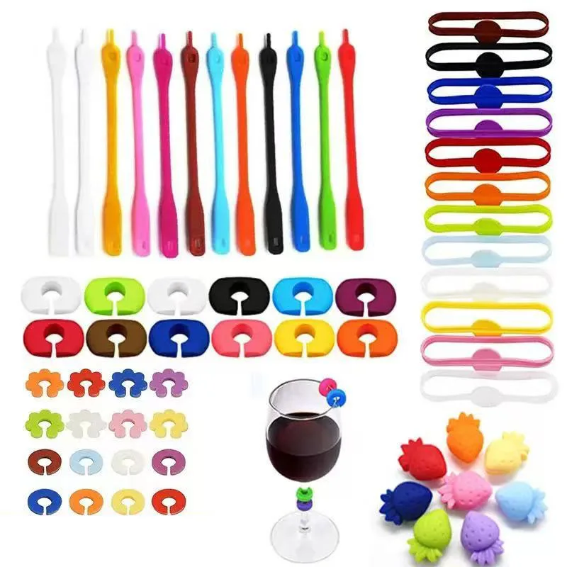 Reusable Silicone Wine Glass Charms Drink Marker Bands Bottle Strip Tag Glass Identifiers for Party Cocktail Champagne