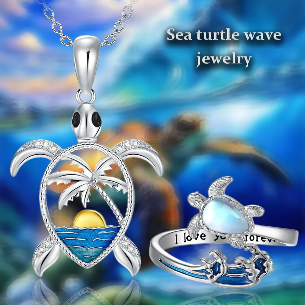 2Pcs/Set Sea Turtle Pendant Necklace and Split Ring with Coastal Charm, Perfect Commemorative Gift for Ladies' Parties