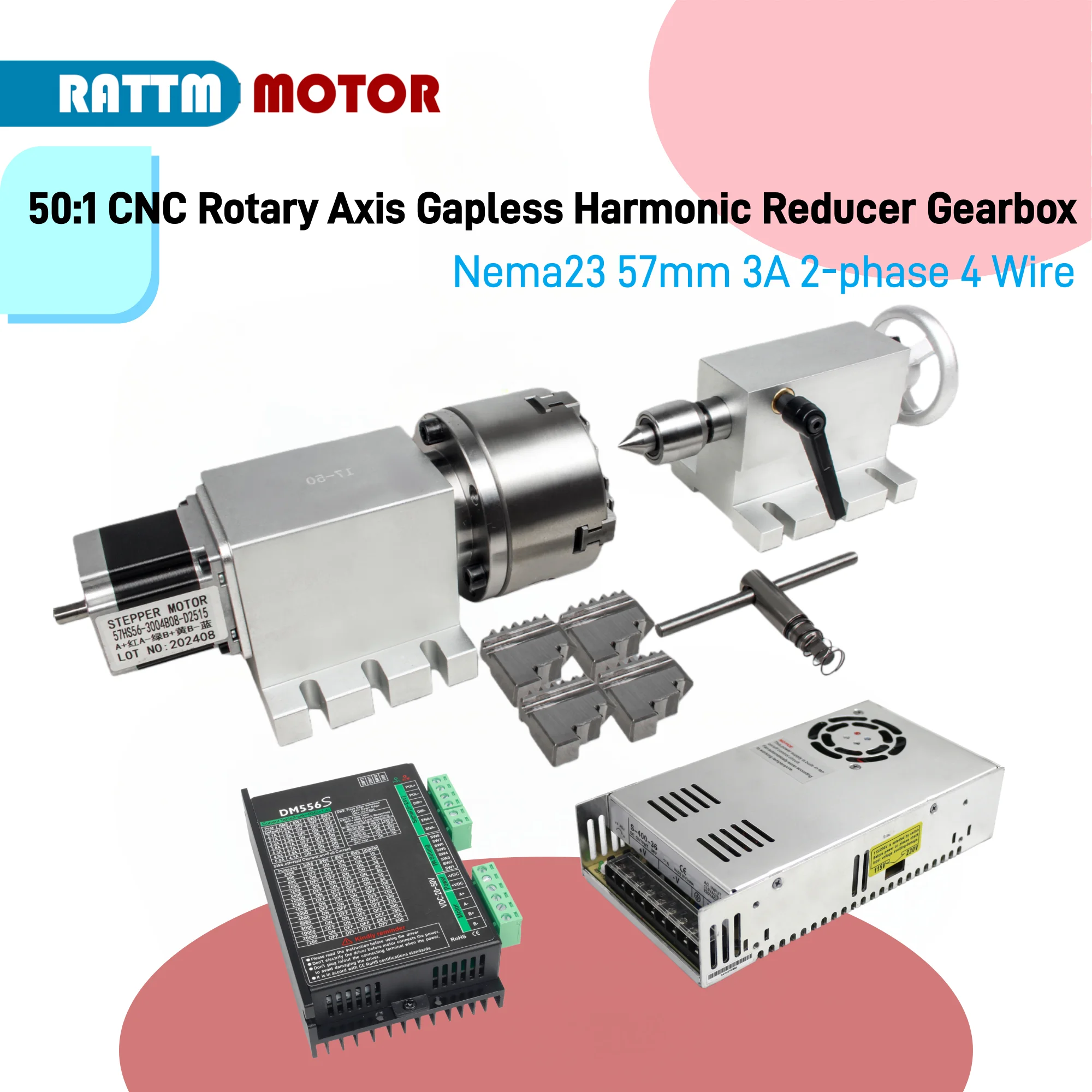 50:1 CNC 4th Axis Rotary Axis Gapless Harmonic Reducer Gearbox K11-100mm / K12-100mm Dividing Head & MT2 Tailstock Power Driver